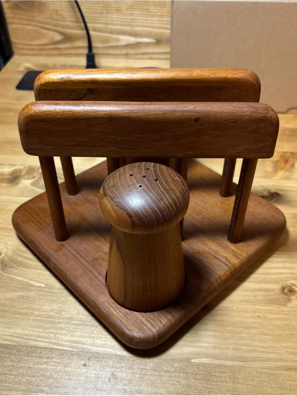 Vintage Teak Napkin Holder with Salt Shaker & Pepper Mill